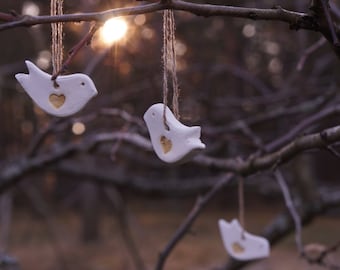 60 Gilded White Ceramic LOVE BIRDS / Wedding FAVORS / Birthday Favors/ Gift Tags / Christmas tree Decors