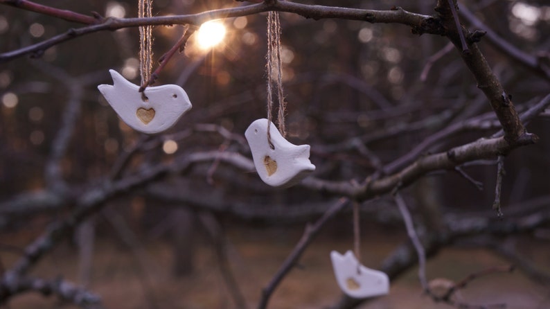 60 Gilded White Ceramic LOVE BIRDS / Wedding FAVORS / Birthday Favors/ Gift Tags / Christmas tree Decors image 1