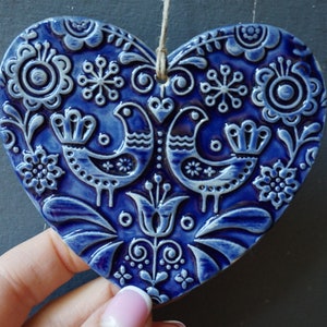 Blue Ceramic Heart / Scandinavian Ornament / Cobalt blue wall sign / Love birds