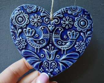 Blue Ceramic Heart / Scandinavian Ornament / Cobalt blue wall sign / Love birds