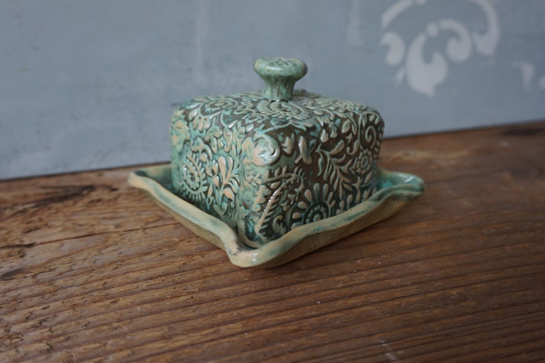 Small Ceramic Butter Dish / Paisley / Pearl Green image 5