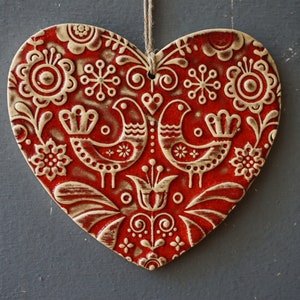 Ceramic Heart / Scandinavian Ornament / Red wall sign / Love birds