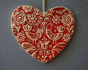 Ceramic Heart / Scandinavian Ornament / Red wall sign / Love birds