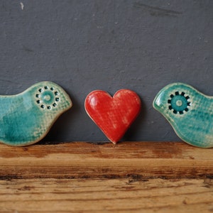 2 Ceramic BIRD and Heart TILES / Mosaic Tile set / Ornament / Wall art / DIY Supply