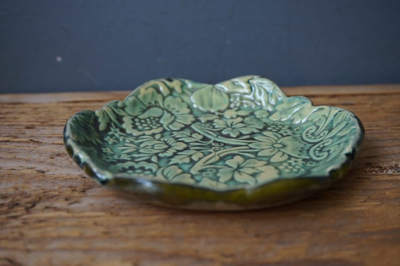 Pearl Green Ring Dish With Damask Print / Ceramic Jewelry dish / Tealight Holder / Spoon rest / Soap dish image 6