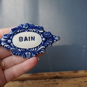 Vintage style French Ceramic &quot;BAIN&quot; Sign: Cobalt Blue Glazed Tile