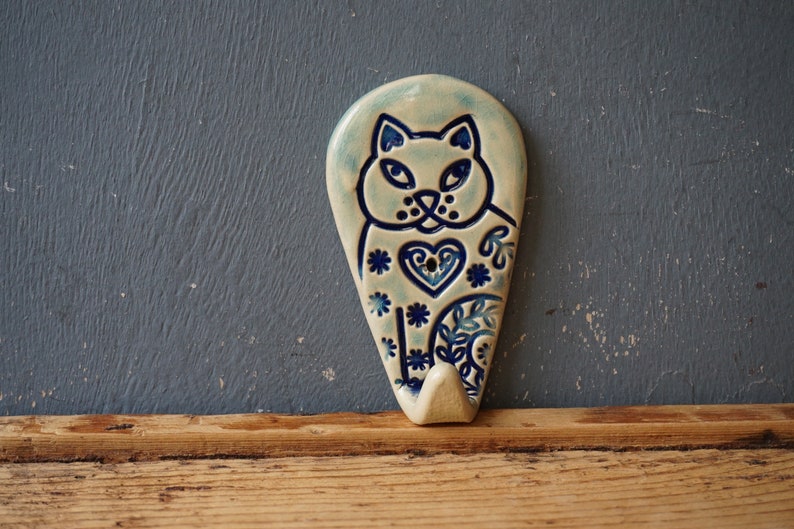 One Towel Hook / Ceramic CAT hook / Rack hook / Vintage hook / Rustic hook / Kitchen towel hook / Bathroom towel hook image 1