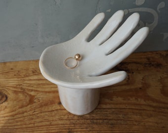 Ceramic Hand Ring holder / White Art Object / Jewelry organizer / Ring dish