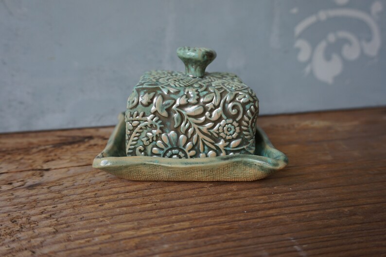 Small Ceramic Butter Dish / Paisley / Pearl Green image 3