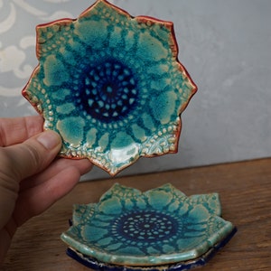 Moroccan Ceramic Ring Dish: Turquoise Glaze, Vintage Print