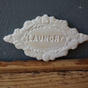 Ceramic LAUNDRY Sign: Glazed White Door Plaque