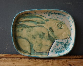 Ceramic RABBIT Plate / Decorative Hare Dish / Easters Bunny / Table centerpiece / Collectible Hare / Tray