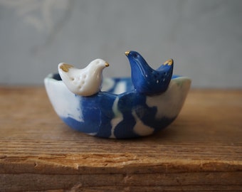 Tiny Porcelain Love BIRD Bowl Ring Dish / Gift