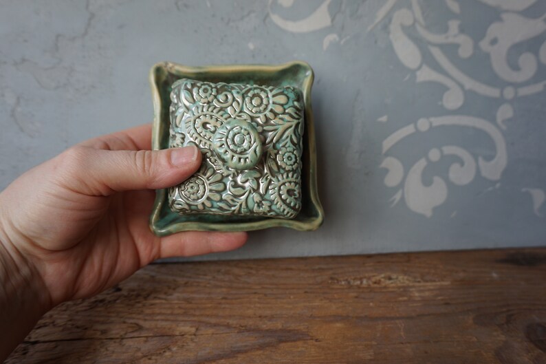 Small Ceramic Butter Dish / Paisley / Pearl Green image 9