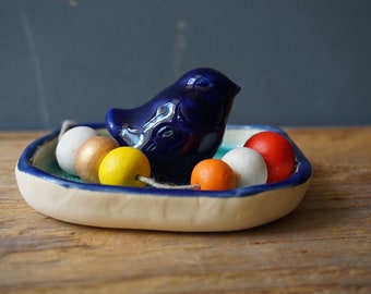 Ceramic Bird Ring Dish / Tiny Ring Dish / Cobalt Blue Bird Jewelry Holder