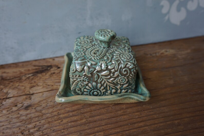 Small Ceramic Butter Dish / Paisley / Pearl Green image 1