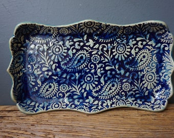 Blue Paisley Plate / Ceramic Appetizer Dish / Cheese board / Romantic Gift Platter