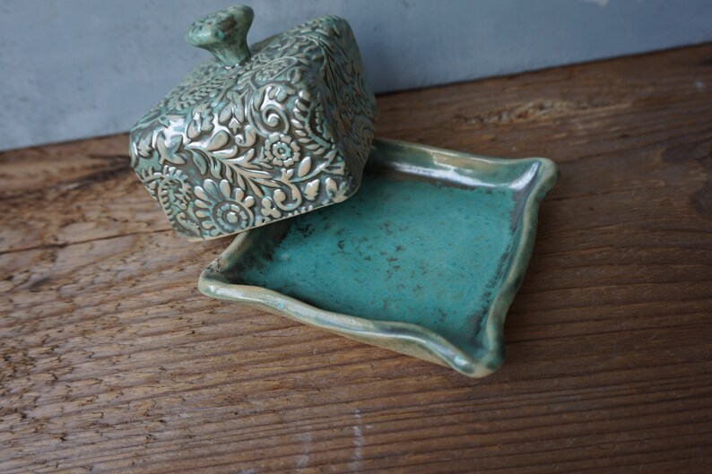 Small Ceramic Butter Dish / Paisley / Pearl Green image 8