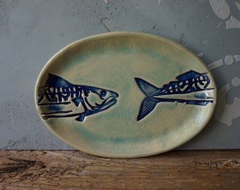Oval ceramic Salmon FISH Dish / Jewelry Dish / Ceramic Serving Plate / Nautical Beach Art / Spoon rest / Fishers Joy /Gift