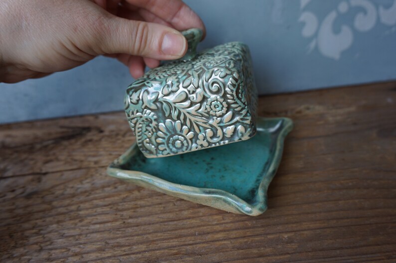 Small Ceramic Butter Dish / Paisley / Pearl Green image 6