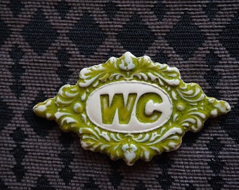 Vintage Style Green Glazed Ceramic WC Sign - Bathroom Door Decor