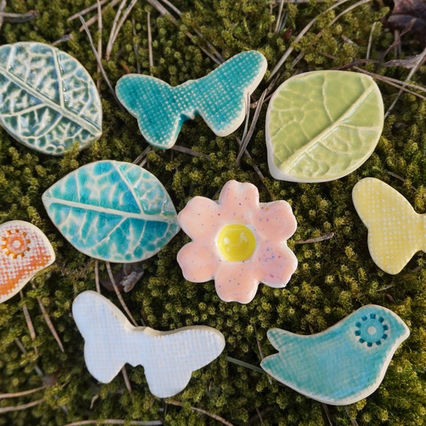 9 Ceramic BIRD Flower and LEAF TILES / Mosaic Tile set / Ornament / Wall art / Diy Supply