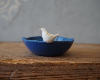 Tiny BIRD Bowl / Porcelain Bowl / Blue Ring Dish / Anniversary Gift