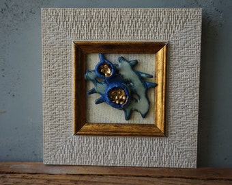 Porcelain FLOWER Wall Art / Blue Porcelain and Gold