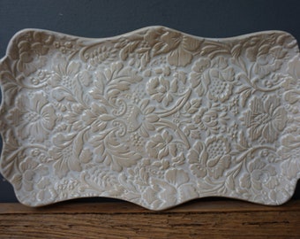 White Damask print Plate / Ceramic Appetizer Dish / Cheese board / Romantic Gift Platter