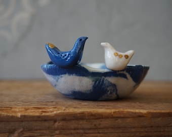 Tiny Porcelain Love BIRD Bowl Ring Dish / Gift
