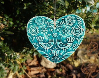 Ceramic Heart / Scandinavian Ornament / Emerald wall sign / Love birds