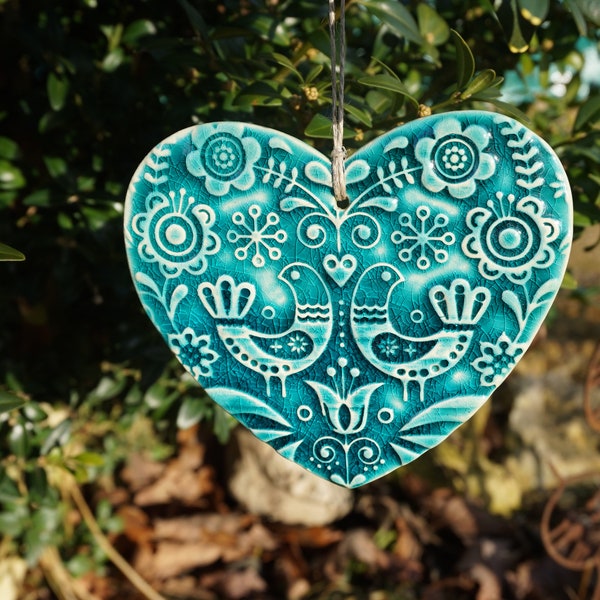 Ceramic Heart / Scandinavian Ornament / Emerald wall sign / Love birds