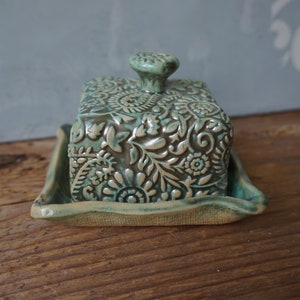 Small Ceramic Butter Dish / Paisley / Pearl Green image 4