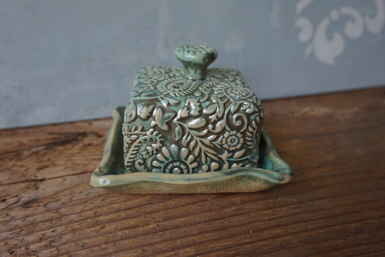 Small Ceramic Butter Dish / Paisley / Pearl Green image 4