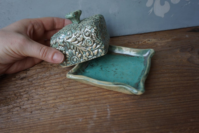 Small Ceramic Butter Dish / Paisley / Pearl Green image 7