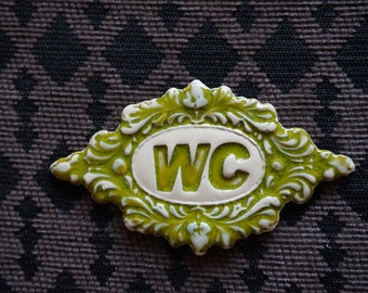 Vintage Style Green Glazed Ceramic WC Sign - Bathroom Door Decor
