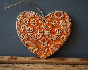 Orange Ceramic Heart / Scandinavian Ornament wall sign / Love birds