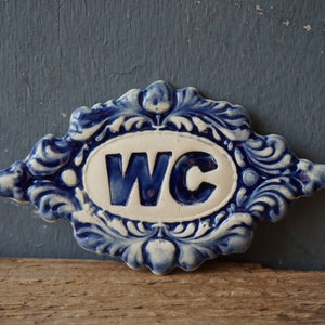 Ceramic WC Door Sign: Cobalt Blue Glaze, Vintage Style