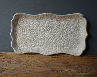 White Paisley print Plate / Ceramic Appetizer Dish / Cheese board / Romantic Gift Platter / Pottery anniversary gift