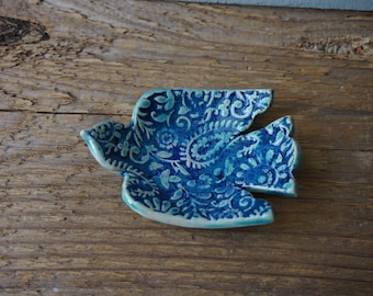 Ceramic Bird Ring Dish / Brides made gift / Blue Dish