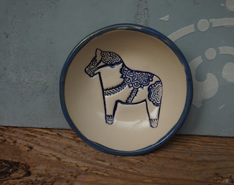 Blue Dala Horse Small Ceramic Bowl / Ring Dish / Christening Gift / Scandinavian Birthday gift