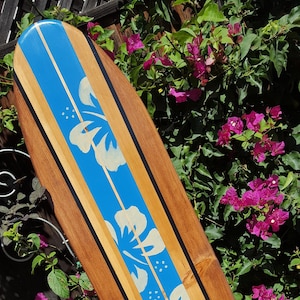 Surf Wall Art surfboard decor Hawaiian decoration hibiscus beach wooden longboard tiki bar board ocean themed sign 4-93
