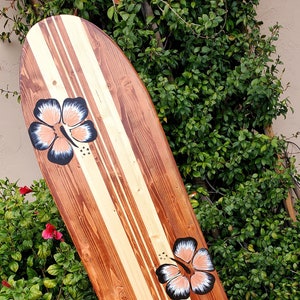 Surfboard Wall Art  surf decor hawaiian decoration hibiscus beach decor wooden longboard tiki bar surf board  ocean themed sign  82C