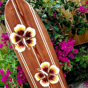 Hibiscus Surfboard Wall Art decor | Hawaiian decoration | wooden longboard | Surf board | Pick Colors 4-8