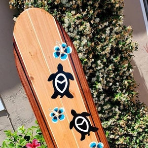 Turtle Surfboard Wall Art | Hibiscus Beach Decor | Wooden longboard | Pick colors 56C