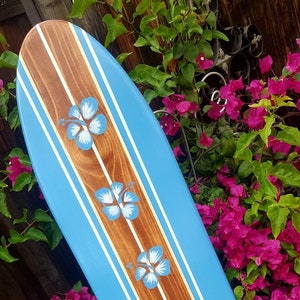 Blue Hibiscus Surfboard Wall Art | Beach house decoration | Wood Surf Decor | Pick Colors  4-21