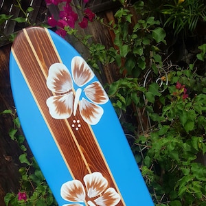 Surfboard Wall Art Surf decor | Hawaiian hibiscus beach | wooden longboard | tiki bar surf board  4-86