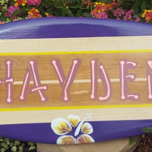 Tropical Hibiscus Surfboard Wall Art | Personalized Kids Decor | Wooden Nursery longboard | Pick Colors 5GN