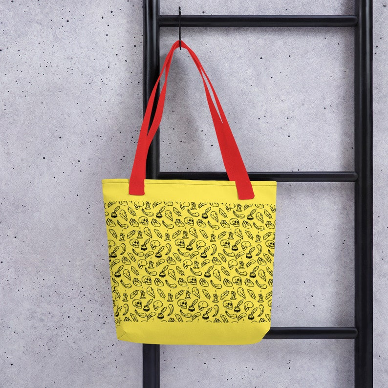 Yellow and Black Beach Tote Bag Goth Inspired Edgar Allan Poe Skull and Feather Tote Bag
