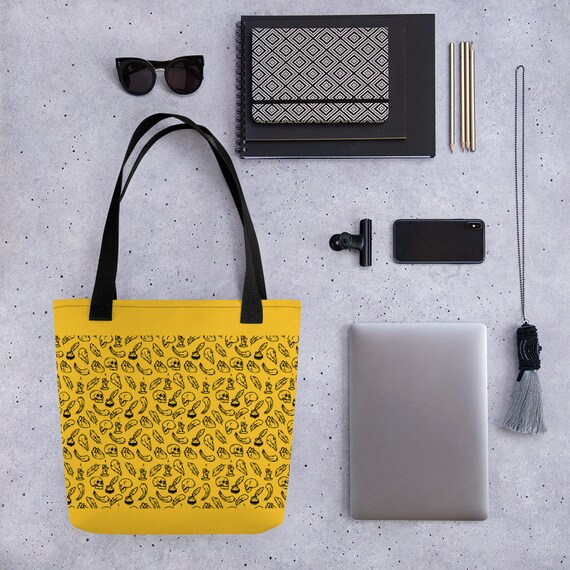 Yellow and Black Beach Tote Bag Goth Inspired Edgar Allan Poe Skull and Feather Tote Bag